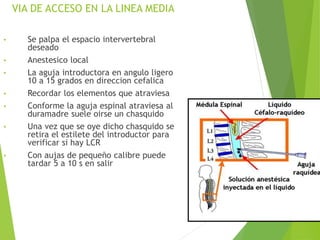 VIA DE ACCESO EN LA LINEA MEDIA 
• Se palpa el espacio intervertebral 
deseado 
• Anestesico local 
• La aguja introductora en angulo ligero 
10 a 15 grados en direccion cefalica 
• Recordar los elementos que atraviesa 
• Conforme la aguja espinal atraviesa al 
duramadre suele oirse un chasquido 
• Una vez que se oye dicho chasquido se 
retira el estilete del introductor para 
verificar si hay LCR 
• Con aujas de pequeño calibre puede 
tardar 5 a 10 s en salir 
 