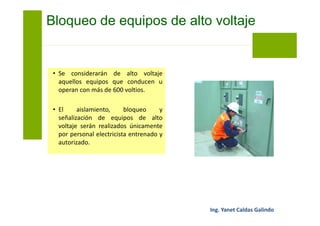 • El electricista se encargará de
desenergizar el equipo o sistema de
alto voltaje siguiendo los pasos
establecidos en este procedimiento.
Bloqueo de equipos de alto
voltaje
 