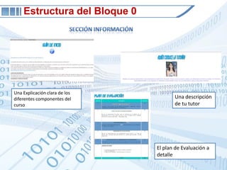 Estructura del Bloque 0Sección InformaciónUna Explicación clara de los diferentes componentes del cursoUna descripción de tu tutorEl plan de Evaluación a detalle