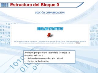 Estructura del Bloque 0Sección comunicaciónAnuncios por parte del tutor de la fase que se encuentra el cursoAvisos de comienzo de cada unidad