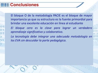 El bloque O de la metodología PACIE es el bloque de mayor importancia ya que su estructura es la fuente primordial para brindar una excelente educación en línea al estudianteEl bloque cero es la clave para lograr un verdadero aprendizaje significativo y colaborativo.La tecnología debe integrar una adecuada metodología en los EVA sin descuidar la parte pedagógica.Conclusiones