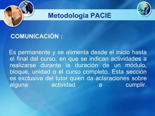 Metodología PACIE

COMUNICACIÓN :

Es permanente y se alimenta desde el inicio hasta
el final del curso, en que se indican actividades a
realizarse durante la duración de un módulo,
bloque, unidad o el curso completo. Esta sección
es exclusiva del tutor quien da aclaraciones sobre
alguna           actividad        a         cumplir.
 
