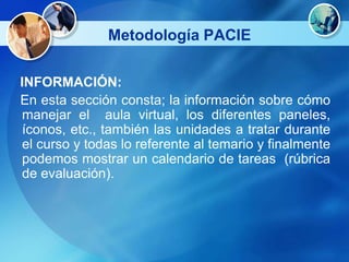 Metodología PACIE

INFORMACIÓN:
En esta sección consta; la información sobre cómo
manejar el aula virtual, los diferentes paneles,
íconos, etc., también las unidades a tratar durante
el curso y todas lo referente al temario y finalmente
podemos mostrar un calendario de tareas (rúbrica
de evaluación).
 