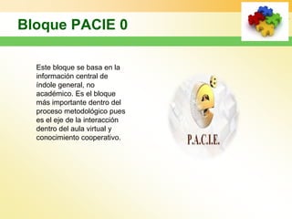 Bloque PACIE 0

  Este bloque se basa en la
  información central de
  índole general, no
  académico. Es el bloque
  más importante dentro del
  proceso metodológico pues
  es el eje de la interacción
  dentro del aula virtual y
  conocimiento cooperativo.
 