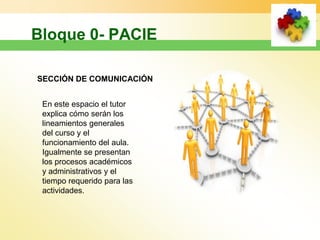 SECCIÓN DE COMUNICACIÓN


 En este espacio el tutor
 explica cómo serán los
 lineamientos generales
 del curso y el
 funcionamiento del aula.
 Igualmente se presentan
 los procesos académicos
 y administrativos y el
 tiempo requerido para las
 actividades.
 