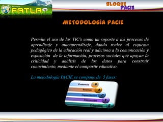 Permite el uso de las TIC's como un soporte a los procesos de
aprendizaje y autoaprendizaje, dando realce al esquema
pedagógico de la educación real y adiciona a la comunicación y
exposición de la información, procesos sociales que apoyan la
criticidad y análisis de los datos para construir
conocimiento, mediante el compartir educativo

La metodología PACIE se compone de 5 fases:
 