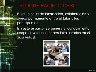 BLOQUE PACIE O CERO
Es el bloque de interacción, colaboración y
ayuda permanente entre el tutor y los
participantes.
En este espacio se genera el conocimiento
cooperativo de las partes involucradas en el
aula virtual.
 