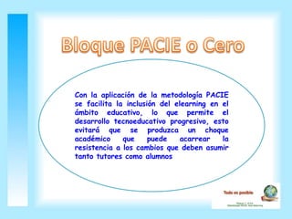Con la aplicación de la metodología PACIE
se facilita la inclusión del elearning en el
ámbito educativo, lo que permite el
desarrollo tecnoeducativo progresivo, esto
evitará que se produzca un choque
académico     que     puede    acarrear   la
resistencia a los cambios que deben asumir
tanto tutores como alumnos
 