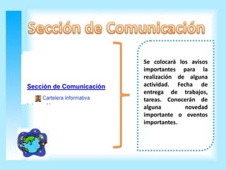 Se colocará los avisos
                          importantes para la
                          realización de alguna
Sección de Comunicación   actividad. Fecha de
                          entrega de trabajos,
                          tareas. Conocerán de
                          alguna        novedad
                          importante o eventos
                          importantes.
 