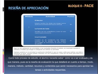 Como todo proceso de estudio, el alumno necesita saber  como va a ser evaluado y de que manera, pues es la reseña de evaluación la que detallará en cuanto a tiempo, modo, manera, método, cantidad, recursos y contenidos que serán necesarios para aprobar las tareas o actividades requeridas. 