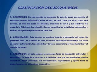 CLASIFICACIÒN DEL BLOQUE PACIE 1.- INFORMACIÒN: En esta sección se encuentra la guía del curso que permite al estudiante obtener información sobre el aula, es decir, para que sirve, como está dividida. El tutor del curso se presenta, introduce al curso y sus objetivos. Se presenta la Rúbrica de la evaluación, la cual especifica las actividades a desarrollar y evaluar, incluyendo la puntuación de cada una.  2.- COMUNICACIÒN: Esta sección se mantiene durante el desarrollo del curso. Se presentan foros , la  Cartelera en línea, en la cual se especifica cada etapa con fecha de inicio y culminaciòn, las actividades y tareas a desarrollar por los estudiantes y el material de apoyo.  3.- INTERACCIÒN: en esta sección se presentan foros de interacción entre tutor y estudiantes. Se establece recursos o actividades para que los estudiantes puedan interactuar, donde presentan sus conocimientos, experiencias y apoyo hacia el grupo, logrando un aprendizaje cooperativo. 