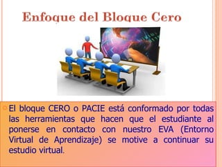 El bloque CERO o PACIE está conformado por todas las herramientas que hacen que el estudiante al ponerse en contacto con nuestro EVA (Entorno Virtual de Aprendizaje) se motive a continuar su estudio virtual . 