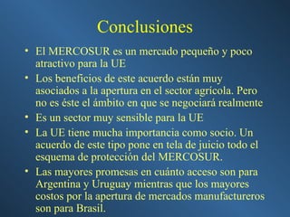 Conclusiones El MERCOSUR es un mercado pequeño y poco atractivo para la UE Los beneficios de este acuerdo están muy asociados a la apertura en el sector agrícola. Pero no es éste el ámbito en que se negociará realmente  Es un sector muy sensible para la UE La UE tiene mucha importancia como socio. Un acuerdo de este tipo pone en tela de juicio todo el esquema de protección del MERCOSUR. Las mayores promesas en cuánto acceso son para Argentina y Uruguay mientras que los mayores costos por la apertura de mercados manufactureros son para Brasil.  