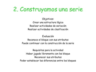 2. Construyamos una serie Objetivos: Crear una estructura lógica Realizar actividades de seriación Realizar actividades de clasificación Evaluación Reconoce el bloque con sus atributos Puede continuar con la construcción de la serie Requisitos para la actividad Haber jugado libremente con los bloque Reconocer sus atributos Poder establecer las diferencias entre los bloques 