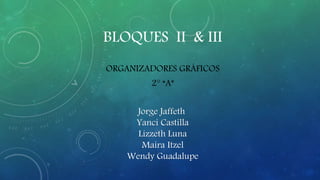 BLOQUES II & III
ORGANIZADORES GRÁFICOS
2° “A”
Jorge Jaffeth
Yanci Castilla
Lizzeth Luna
Maira Itzel
Wendy Guadalupe
 
