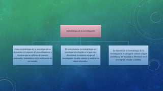 Metodología de la investigación
Como metodología de la investigación se
denomina el conjunto de procedimientos y
técnicas que se aplican de manera
ordenada y sistemática en la realización de
un estudio.
De esta manera, la metodología de
investigación elegida es la que va a
determinar la manera en que el
investigador recaba, ordena y analiza los
datos obtenidos.
La función de la metodología de la
investigación es otorgarle validez y rigor
científico a los resultados obtenidos en el
proceso de estudio y análisis.
 