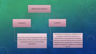 Modelos de Investigación
Cuantitativo
Surge de las ciencias experimentales tales como
la astronomía, la física, la química, ya que desde
un principio recurren a ciertos modelos
matemáticos.
Cualitativo
El método de investigación cualitativa es la
recogida de información basada en la
observación de comportamientos naturales,
discursos, respuestas abiertas para la posterior
interpretación de significados. Investigadores
cualitativos estudian la realidad en su contexto
natural.
 