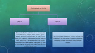 Clasificación de las ciencias
Fácticas
Las ciencias fácticas se dividen en dos: Las ciencias
naturales como la biología, física, química, que se
limitan al estudio de la naturaleza (su aplicación a
favor de el hombre es la ingeniería, pero está limitada
por la tecnología), y las sociales como la sociología,
economía, política, que estudian la sociedad, y al tener
el hombre poder sobre ella, hace sugerencias de cómo
modificarla a su favor.
Eidéticas
Las ciencias eidéticas son todas aquellas que estudian
a los ideales que únicamente existen en la mente de
los sujetos y no son perceptibles como cualquier
número.
 