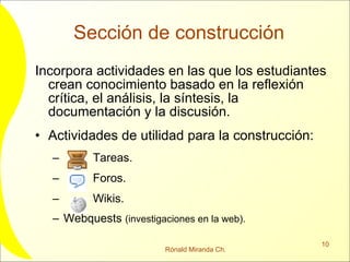 Sección de construcción Incorpora actividades en las que los estudiantes crean conocimiento basado en la reflexión crítica, el análisis, la síntesis, la documentación y la discusión. Actividades de utilidad para la construcción: Tareas. Foros. Wikis. Webquests  (investigaciones en la web). 