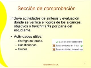Sección de comprobación Incluye actividades de síntesis y evaluación donde se verifica el logros de los alcances, objetivos o  benchmarks  por parte del estudiante. Actividades útiles: Entrega de tareas. Cuestionarios. Quices. 