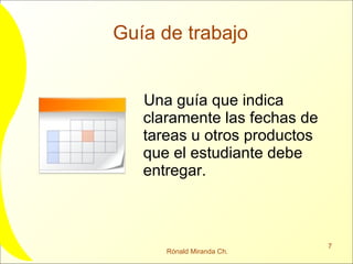 Guía de trabajo Una guía que indica claramente las fechas de tareas u otros productos que el estudiante debe entregar. 