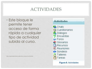 ACTIVIDADES
• Este bloque le
permite tener
acceso de forma
rápida a cualquier
tipo de actividad
subida al curso.
http://aprendeenlinea.udea.edu.co/boa/contenidos
 