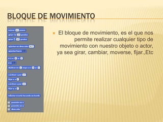 BLOQUE DE MOVIMIENTO
              El bloque de movimiento, es el que nos
                      permite realizar cualquier tipo de
               movimiento con nuestro objeto o actor,
              ya sea girar, cambiar, moverse, fijar.,Etc
 