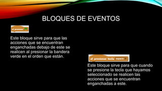 BLOQUES DE EVENTOS
Este bloque sirve para que las
acciones que se encuentran
enganchadas debajo de este se
realicen al presionar la bandera
verde en el orden que están.
Este bloque sirve para que cuando
se presione la tecla que hayamos
seleccionado se realicen las
acciones que se encuentran
enganchadas a este.
 