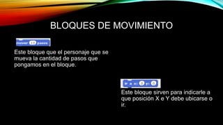 BLOQUES DE MOVIMIENTO
Este bloque que el personaje que se
mueva la cantidad de pasos que
pongamos en el bloque.
Este bloque sirven para indicarle a
que posición X e Y debe ubicarse o
ir.
 