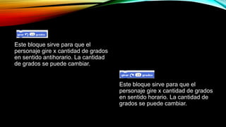 Este bloque sirve para que el
personaje gire x cantidad de grados
en sentido antihorario. La cantidad
de grados se puede cambiar.
Este bloque sirve para que el
personaje gire x cantidad de grados
en sentido horario. La cantidad de
grados se puede cambiar.
 