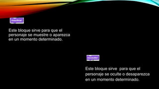 Este bloque sirve para que el
personaje se muestre o aparezca
en un momento determinado.
Este bloque sirve para que el
personaje se oculte o desaparezca
en un momento determinado.
 