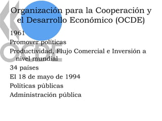 Organización para la Cooperación y
 el Desarrollo Económico (OCDE)
1961
Promover políticas
Productividad, Flujo Comercial e Inversión a
  nivel mundial
34 países
El 18 de mayo de 1994
Políticas públicas
Administración pública
 