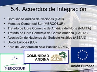 5.4. Acuerdos de Integración
• Comunidad Andina de Naciones (CAN)
• Mercado Común del Sur (MERCOSUR)
• Tratado de Libre Comercio de América del Norte (NAFTA)
• Tratado de Libre Comercio de Centro América (CAFTA)
• Asociación de Naciones del Sudeste Asiático (ASEAN)
• Unión Europea (EU)
• Foro de Cooperación Asia Pacífico (APEC)
 