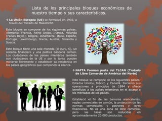 Lista de los principales bloques económicos de
nuestro tiempo y sus características.
 La Unión Europea (UE) se formalizó en 1992, a
través del Tratado de Maastricht.
Este bloque se compone de los siguientes países:
Alemania, Francia, Reino Unido, Irlanda, Holanda
(Países Bajos), Bélgica, Dinamarca, Italia, España,
Portugal, Luxemburgo, Grecia, Austria, Finlandia y
Suecia.
Este bloque tiene una sola moneda (el euro, €), un
sistema financiero y una política bancaria común.
Los ciudadanos de los países miembros también
son ciudadanos de la UE y por lo tanto pueden
moverse libremente y establecer su residencia en
los países geográficos que componen la alianza.
 NAFTA Forman parte del TLCAN (Tratado
de Libre Comercio de América del Norte)
Este bloque se compone de los siguientes países:
Estados Unidos, México y Canadá. Iniciaron sus
operaciones a principios de 1994 y ofrece
beneficios a los países miembros en el acceso a
los mercados de los países.
Estableció el fin de las barreras arancelarias,
reglas comerciales en común, la protección de las
normas comerciales y patrones y leyes
financieras. No es una zona de libre comercio,
pero las tasas son reducidas en
aproximadamente 20.000 productos.
 