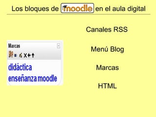 Los bloques de en el aula digital Bloques que favorecen ampliar la información Canales RSS Menú Blog Marcas HTML
