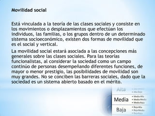 Movilidad social
Está vinculada a la teoría de las clases sociales y consiste en
los movimientos o desplazamientos que efectúan los
individuos, las familias, o los grupos dentro de un determinado
sistema socioeconómico, existen dos formas de movilidad que
es el social y vertical.
La movilidad social estará asociada a las concepciones más
generales sobre las clases sociales. Para las teorías
funcionalistas, al considerar la sociedad como un campo
continúo de personas desempeñando diferentes funciones, de
mayor o menor prestigio, las posibilidades de movilidad son
muy grandes. No se conciben las barreras sociales, dado que la
sociedad es un sistema abierto basado en el mérito.
 
