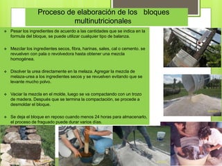 Proceso de elaboración de los bloques
multinutricionales
 Pesar los ingredientes de acuerdo a las cantidades que se indica en la
formula del bloque, se puede utilizar cualquier tipo de balanza.
 Mezclar los ingredientes secos, fibra, harinas, sales, cal o cemento. se
revuelven con pala o revolvedora hasta obtener una mezcla
homogénea.
 Disolver la urea directamente en la melaza. Agregar la mezcla de
melaza-urea a los ingredientes secos y se revuelven evitando que se
levante mucho polvo.
 Vaciar la mezcla en el molde, luego se va compactando con un trozo
de madera. Después que se termina la compactación, se procede a
desmoldar el bloque.
 Se deja el bloque en reposo cuando menos 24 horas para almacenarlo,
el proceso de fraguado puede durar varios días.
 
