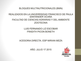 BLOQUES MULTINUTRICIONALES (BMN)
REALIZADOS EN LA UNIVERRSIDAD FRANCISCO DE PAULA
SANTANDER OCAÑA
FACULTAD DE CIENCIAS AGRARIAS Y DEL AMBIENTE
ZOOTECNIA
LUIS FERNANDO LIZ ESCOBAR
FRADITH PICON BONETH
ACESORIA DIRECTA. ESP MIRIAN MEZA
AÑO. JULIO 17 2015
 