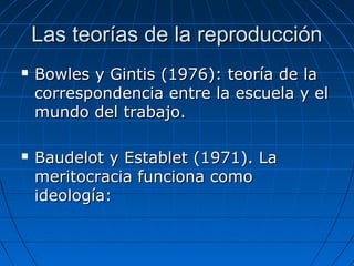 LLaass tteeoorrííaass ddee llaa rreepprroodduucccciióónn 
 BBoowwlleess yy GGiinnttiiss ((11997766)):: tteeoorrííaa ddee llaa 
ccoorrrreessppoonnddeenncciiaa eennttrree llaa eessccuueellaa yy eell 
mmuunnddoo ddeell ttrraabbaajjoo.. 
 BBaauuddeelloott yy EEssttaabblleett ((11997711)).. LLaa 
mmeerriittooccrraacciiaa ffuunncciioonnaa ccoommoo 
iiddeeoollooggííaa:: 
 