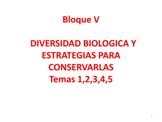 Bloque V
DIVERSIDAD BIOLOGICA Y
ESTRATEGIAS PARA
CONSERVARLAS
Temas 1,2,3,4,5
1
 