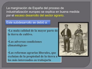 La marginación de España del proceso de
industrialización europeo se explica en buena medida
por el escaso desarrollo del sector agrario.
Este subdesarrollo se debió a:
•La mala calidad de la mayor parte de
la tierra de cultivo.
•Las adversas condiciones
climatológicas-
•Las reformas agrarias liberales, que
excluían de la propiedad de la tierra a
los más interesados en trabajarla
 