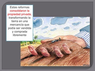 Estas reformas
consolidaron la
propiedad privada,
transformando la
tierra en una
mercancía que
podía ser vendida
y comprada
libremente
 