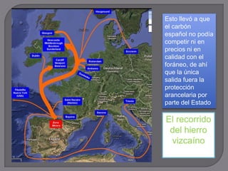 El recorrido
del hierro
vizcaíno
Esto llevó a que
el carbón
español no podía
competir ni en
precios ni en
calidad con el
foráneo, de ahí
que la única
salida fuera la
protección
arancelaria por
parte del Estado
 