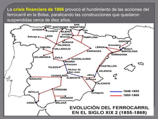 La crisis financiera de 1866 provocó el hundimiento de las acciones del
ferrocarril en la Bolsa, paralizando las construcciones que quedaron
suspendidas cerca de diez años.
 