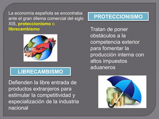 La economía española se encontraba
ante el gran dilema comercial del siglo
XIS, proteccionismo o
librecambismo
Defienden la libre entrada de
productos extranjeros para
estimular la competitividad y
especialización de la industria
nacional
PROTECCIONISMO
LIBRECAMBISMO
Tratan de poner
obstáculos a la
competencia exterior
para fomentar la
producción interna con
altos impuestos
aduaneros
 