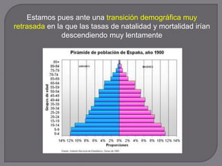 Estamos pues ante una transición demográfica muy
retrasada en la que las tasas de natalidad y mortalidad irían
descendiendo muy lentamente
 