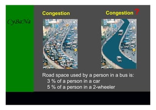 Congestion                 Congestion      ?




Road space used by a person in a bus is:
 3 % of a person in a car
 5 % of a person in a 2-wheeler
 