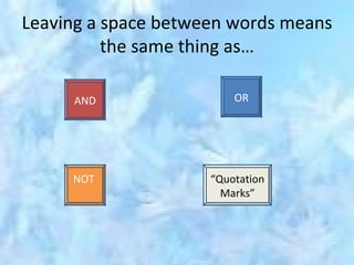 Leaving a space between words means the same thing as… AND OR NOT  “ Quotation Marks” 