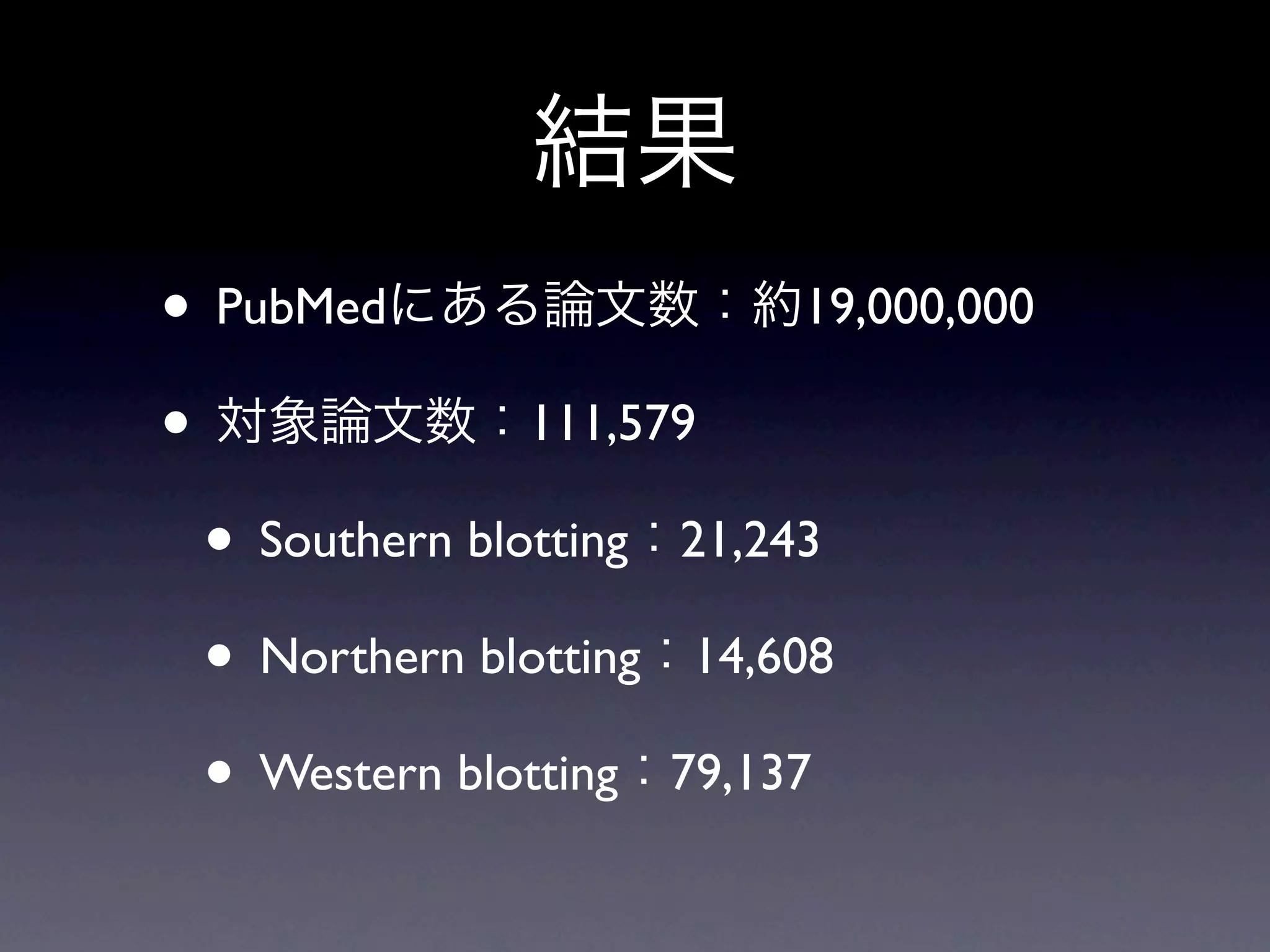 • PubMed                   19,000,000

•               111,579

  • Southern blotting 21,243
  • Northern blotting 14,608
  • Western blotting 79,137
 
