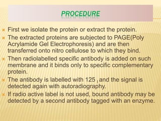 PROCEDURE
 First we isolate the protein or extract the protein.
 The extracted proteins are subjected to PAGE(Poly
Acrylamide Gel Electrophoresis) and are then
transferred onto nitro cellulose to which they bind.
 Then radiolabelled specific antibody is added on such
membrane and it binds only to specific complementary
protein.
 The antibody is labelled with 125 I and the signal is
detected again with autoradiography.
 If radio active label is not used, bound antibody may be
detected by a second antibody tagged with an enzyme.
 